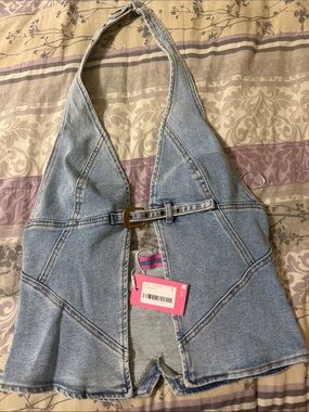 Edikted Light Blue Denim Halter Romper with Front Buckle